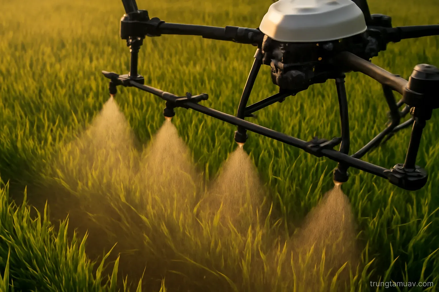 Bình chứa và đầu phun trên UAV nông nghiệp, hiển thị cơ chế điều chỉnh lưu lượng