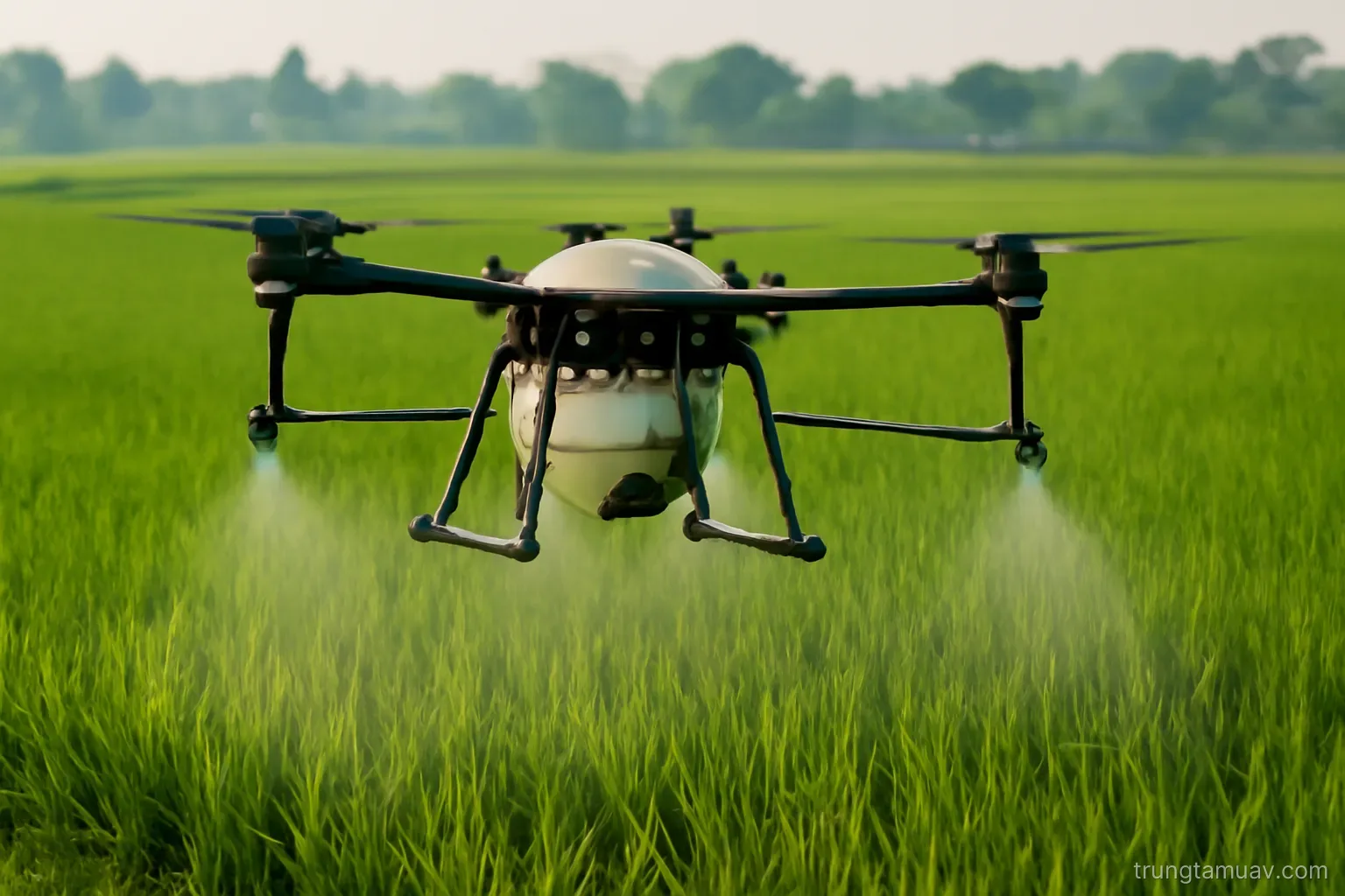 UAV phun đang bay trên ruộng lúa