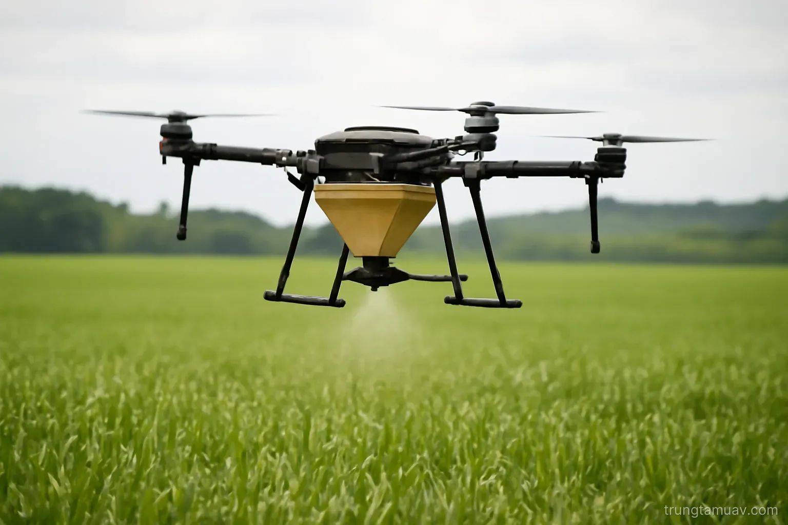UAV mang thùng rải bay trên đồng